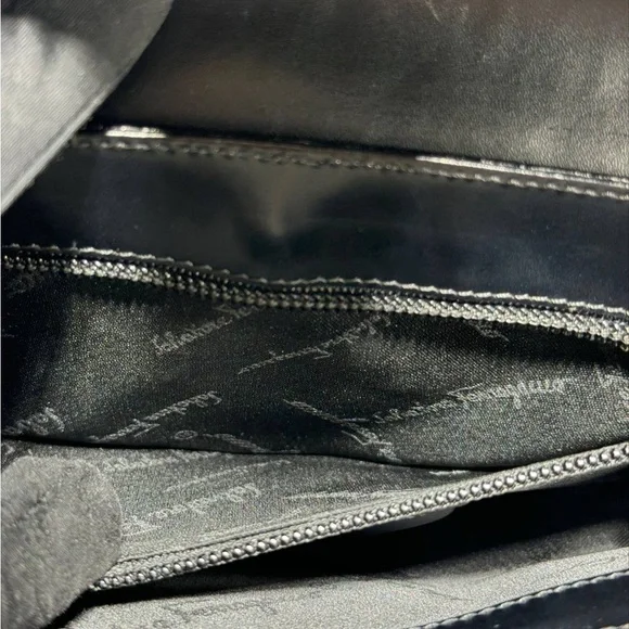 SALVATORE FERRAGAMO Black Leather Handbag Clutch Silver Hardware Shoulder Bag